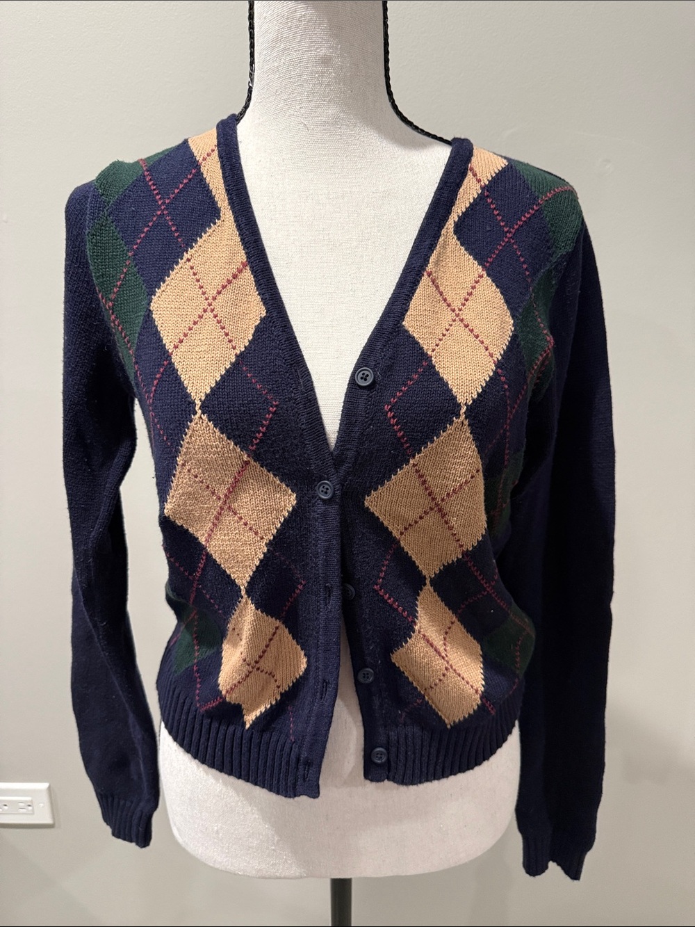 Brandy Melville Navy Argyle V-Neck Cardigan with Tan & Green Diamonds